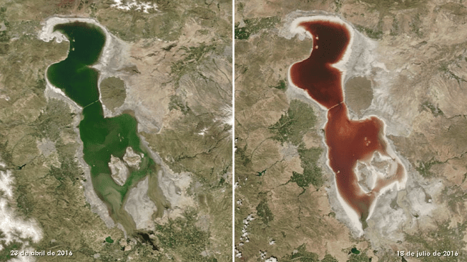 Gigantesco lago en Irán cambia de color en pocos meses