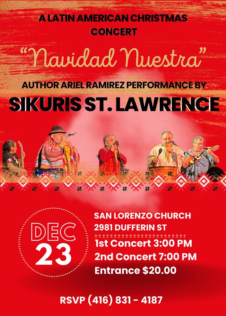 The poster shows information for the Christmas Concert on December 23, 2023, at 3 and 7 pm. The concert will take place at San Lorenzo Church, 2981 Dufferin Street, Toronto.